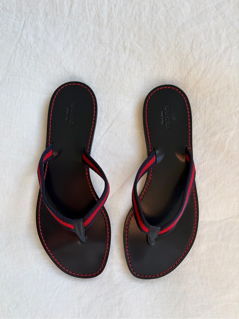 Vintage Gucci Twill Striped Flip Flop Sandals Slides Flats Navy Red Black 90s